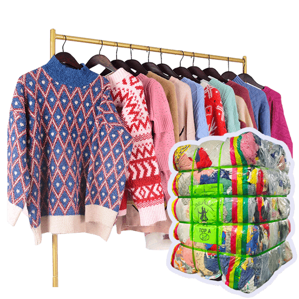a rack of sweaters and a bag of clothes